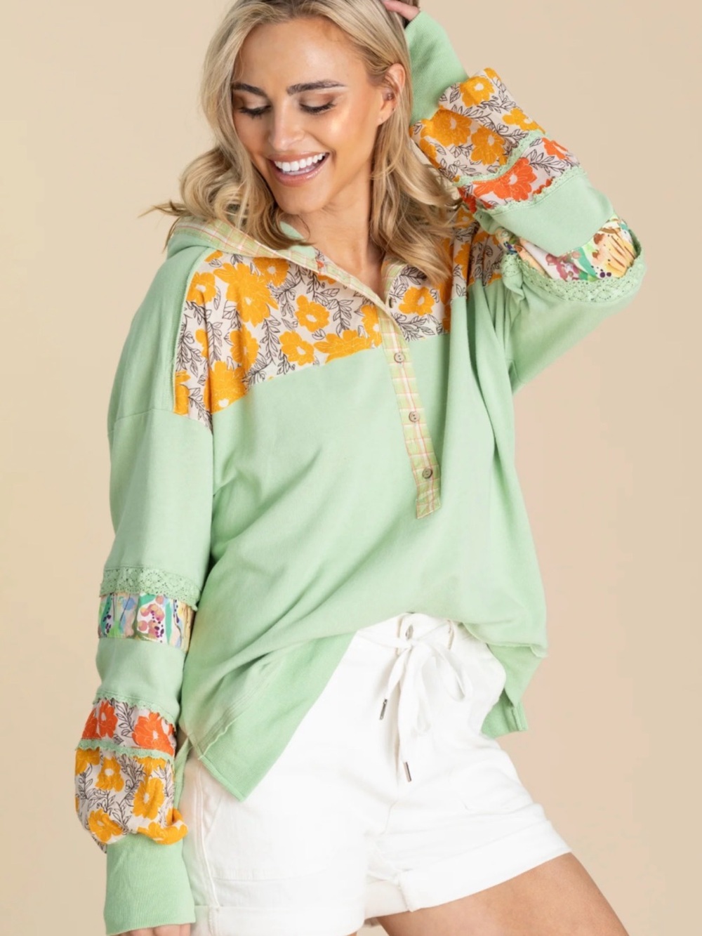 easel Mint Green Floral Patchwork Henley Sweatshirt